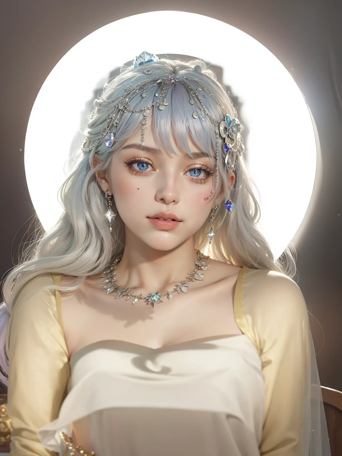 (masterpiece, top quality, best quality, official art, beautiful and aesthetic:1.2), (1girl:1.3), wavy long hair, light purple hair, extremely detailed, portrait, looking at viewer, solo, (full body:0.6), detailed background, close up, blue eyes, (cold arctic winter theme:1.1), fortune teller, charlatan, smirk, mysterious, sitting at table, colorful shoulderless loose gypsy fortune teller clothes, chalice, tarot cards, crystal ball, medieval (tent interior:1.1) background, tent curtains in background, dark mysterious lighting, shadows, magical atmosphere, starry night,, dutch angle