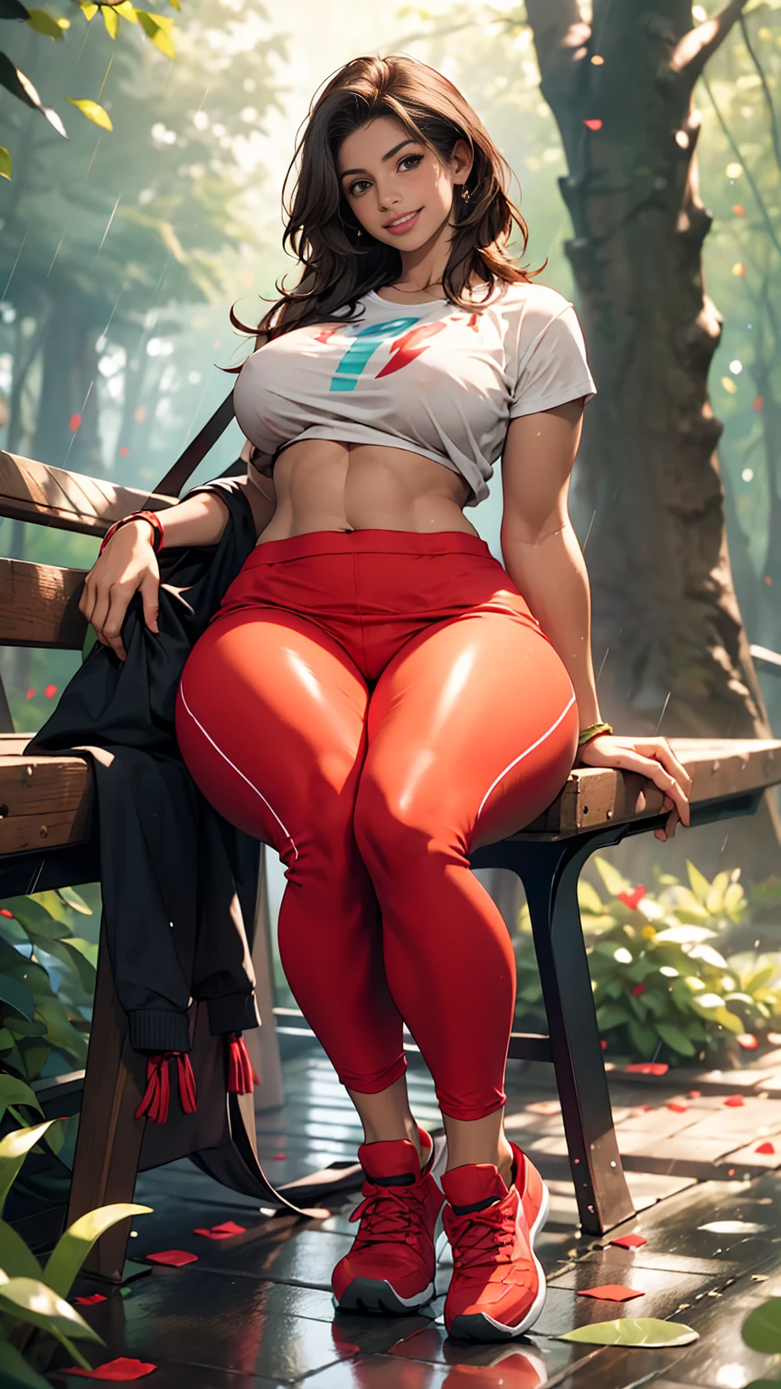 Pretty Caucasian (female), Sarah Shahi, a slim but muscular body, wearing a T-shirt that shows her underboob, smile, at forest, rain, wearing low rise leggings, sneakers, huge perky breasts, thick thighs, curvy figure, sitting on ground, legs wide open , red outfit