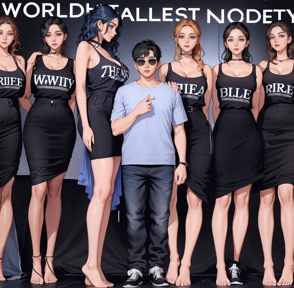 Three tall girls on the lfe left, three tall girls in the right, short man in the middle, the girls are much taller than the man, girls have big  and cleavage, girls are wearing black, man is wearing blue shirt, girls are standing barefoot, man is wearing shoes,