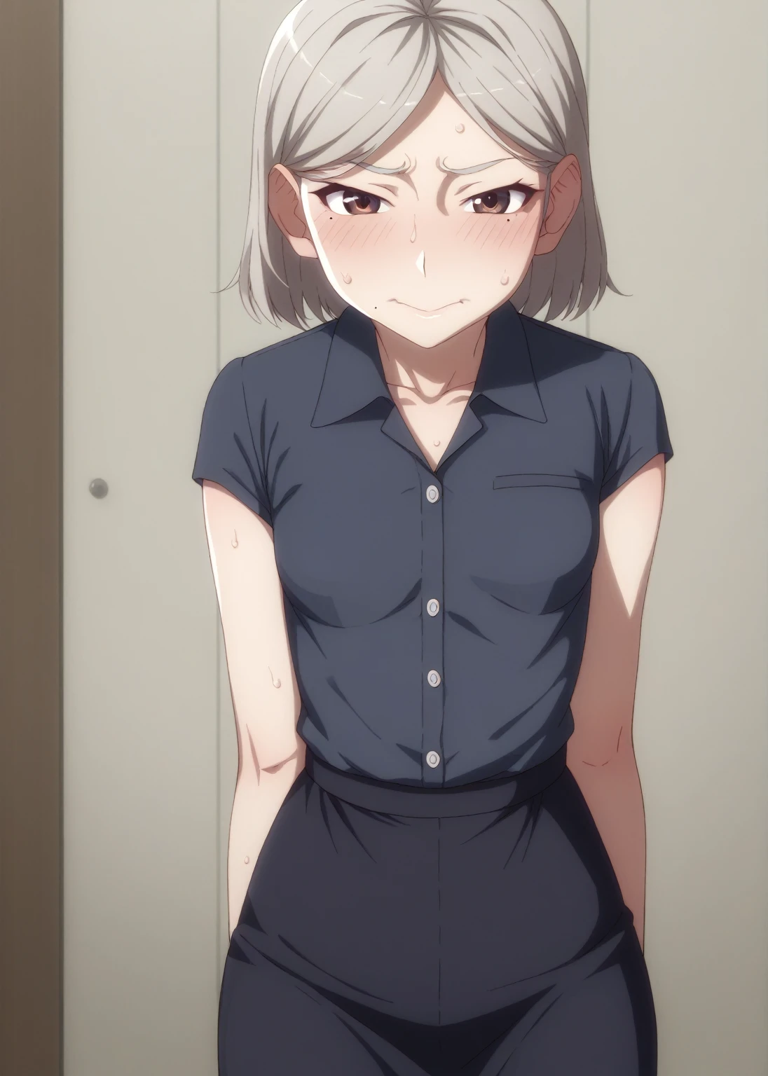 One person、masterpiece、Highest quality、Super detailed、High resolution illustrations、Improve skin quality、Increase eye appeal、Drawn in detail、Perfect body structure、Old woman、Business suit and tight skirt、Are thin、Tall、Lifting clothes、Showing off your bra、Flat chest、Small breasts、Skin blemishes、Skin wrinkles、Aged skin、Wrinkled skin、Business district、Embarrassing、Shy laugh、Sweat it out、Sigh、Heat、Dark Eyes、Downcast eyes、mole、