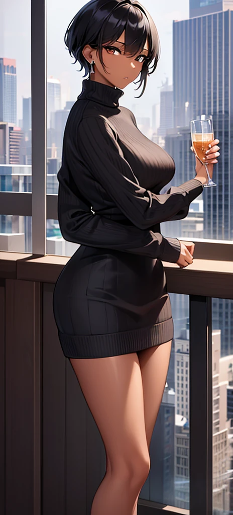masterpiece:1.3、Ultra-high resolution:1.3、8K、Miss、Solitary:1.3、The style is good,Mature and stable,Working Women,Long sweater,short hair,Wearing earrings,outdoor、Light pointing、apartment、modern city,Really hydrated skin,dark skin