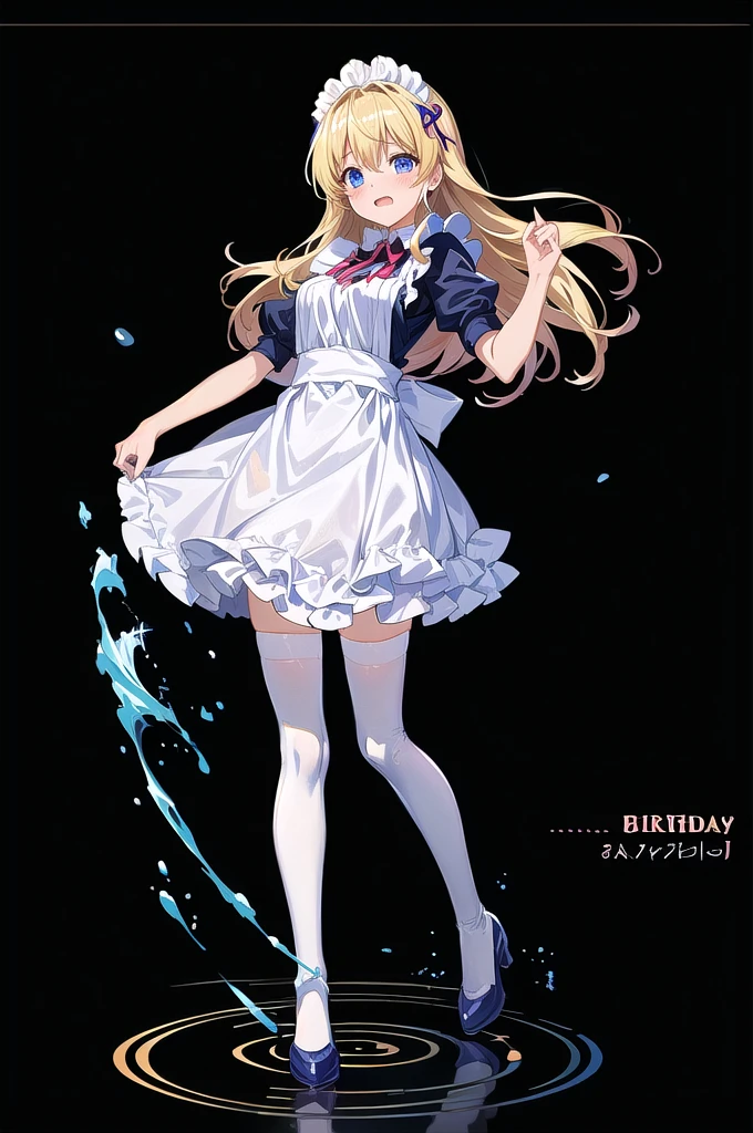 anime girl in Maid clothes holding a cup of coffee, Maid clothesを着たアニメの女の子, Anime Barbie in White Stockings, Gorgeous maid, , Maid clothes, Maid clothesを着たアニメの猫娘, blonde anime girl with long hair, Cute anime waifu in a nice dress, Anime Moe Art Style, Splash Art Anime , birthday、Holding a bouquet、Tears of joy