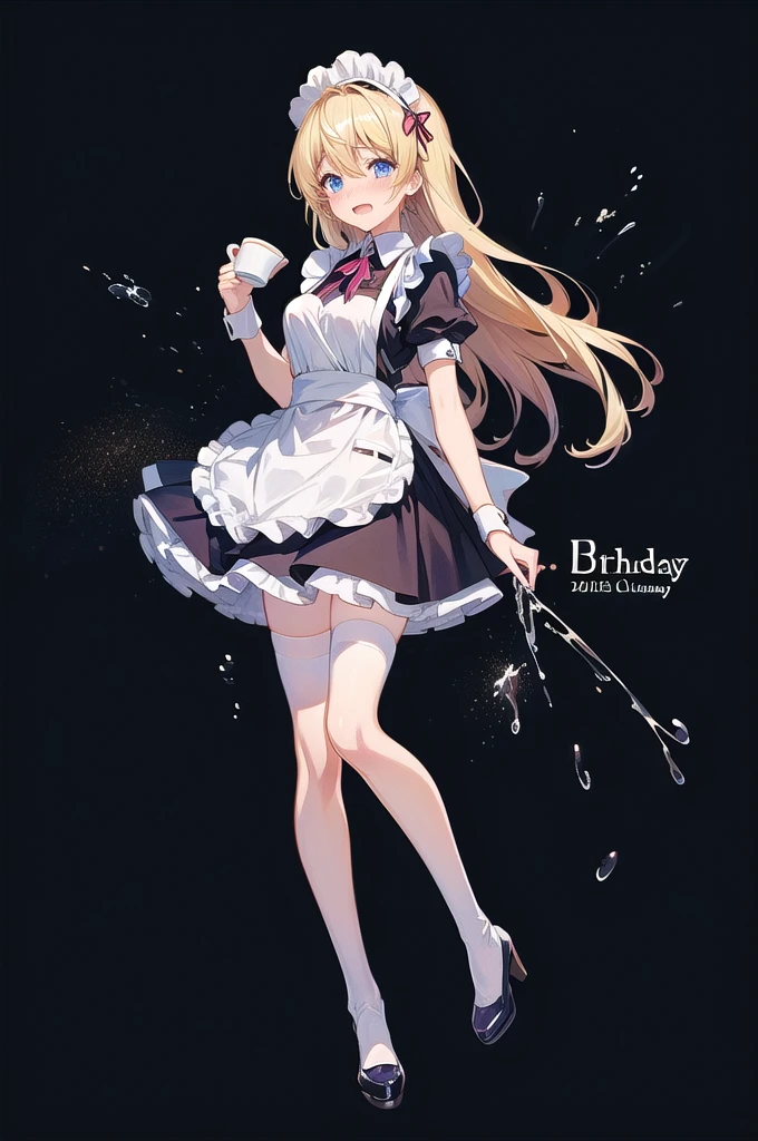 anime girl in Maid clothes holding a cup of coffee, Maid clothesを着たアニメの女の子, Anime Barbie in White Stockings, Gorgeous maid, , Maid clothes, Maid clothesを着たアニメの猫娘, blonde anime girl with long hair, Cute anime waifu in a nice dress, Anime Moe Art Style, Splash Art Anime , birthday、Holding a bouquet、Tears of joy