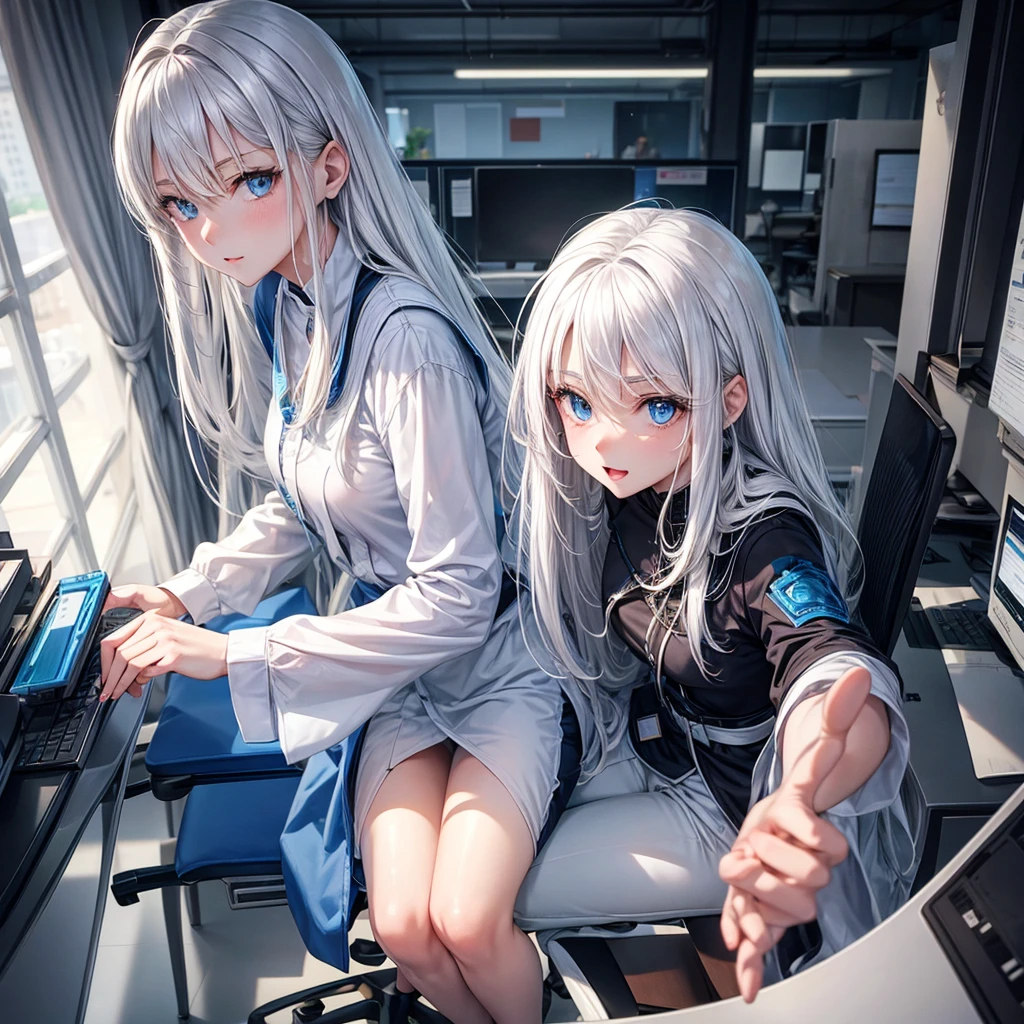 Single White hair women with blue eyes ,table, chair , office room, looking straight, tall,cute, high-quality,
Lookin front on camera stright