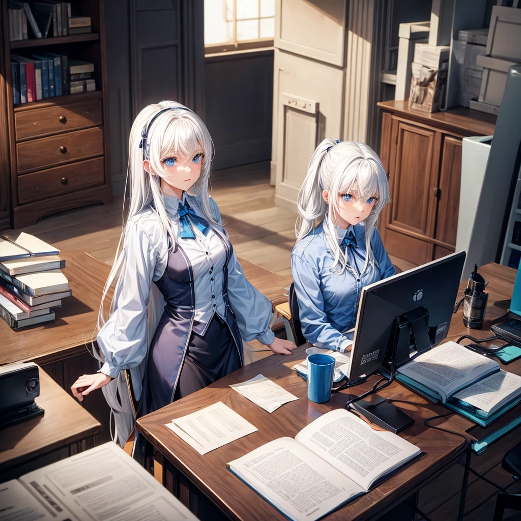Single White hair women with blue eyes ,table, chair , office room, looking straight, tall,cute, high-quality,
Lookin front on camera stright