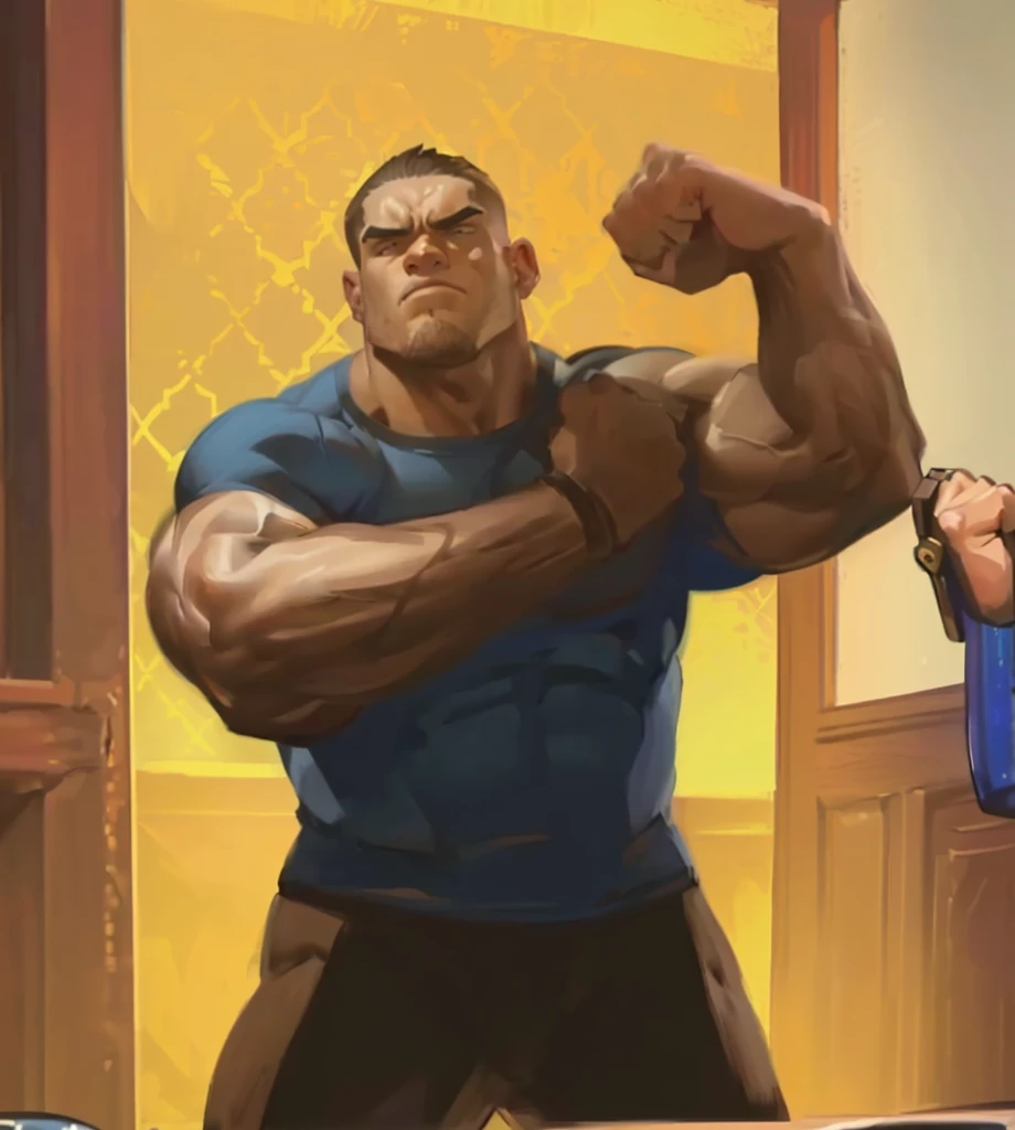 cartoon of a man with a fist in a room with a woman, buff man, big muscles, big arms, very buff, muscular characters, muscular!, big muscle, muscular character, heavy looking, buff painting, strong and imposing, muscular!!, big biceps, large muscles, super buff and cool, muscular male hero, doomfist, heavy gesture style closeup