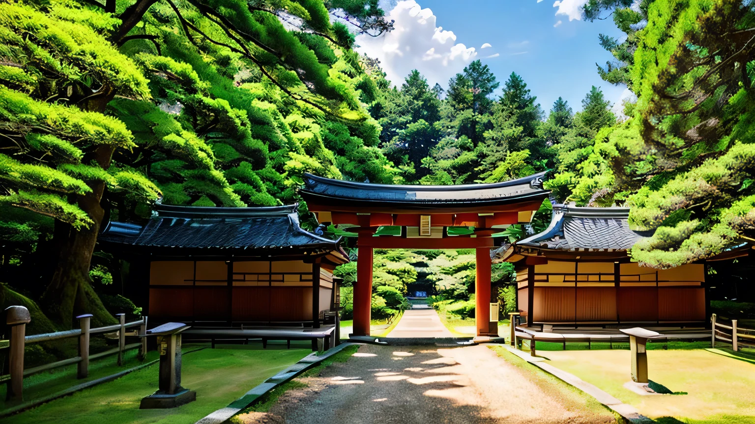 Classic Japanese landscape, Japanese countryside scenery, vast hemp fields, ancient Shinto shrine, red torii gate, lush trees, clear blue sky, fluffy white clouds, sunlight filtering through, peaceful atmosphere, nostalgic scenery, traditional Japanese scenery, Japanese aesthetics
