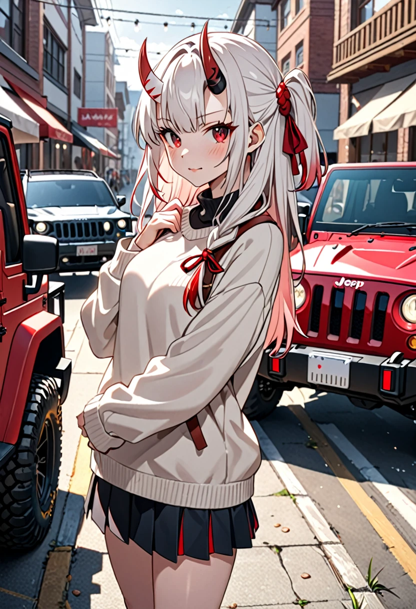 8K Ultra High-Quality, ultra-detailed, High quality, Nakiri Ayame, white oni horns, sweater, jeep in the background