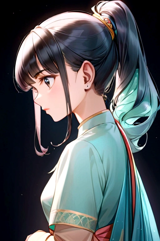 Create a color image of an Indian woman aged 30, with a side angle view. She is wearing a saree and has her hair styled in a mid-back ponytail. Her bangs are styled in a 1950s fashion, with short, choppy side fringes, and half head bangs. The bangs are very thick, wavy, and extra short, combed from left to right. They are layered towards the center and upwards, above the center part of her head, with the partition taken from the center of her head. The bangs are sectioned from the far back of her head and are similar to those of Sudha Baragur. Ensure that the bangs are clearly visible and highlighted. All hair of bangs are combed and swept from left to right without a single hair. no layered bangs, only combed bangs together. Create only only side combed bangs not front falling bangs