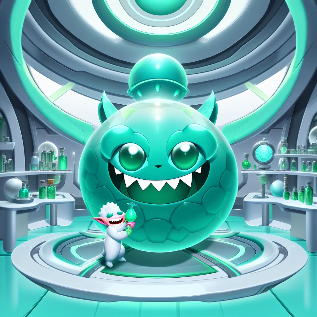 Full body view of a small spherical male monster with light teal fur, long ears, sharp teeth, smiling, holding a green potion in his hand, lies in a futuristic laboratory
