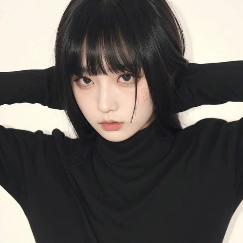 Korean girl with long black hair, straight and with bangs. Ulzzang girl with gothic style and soft face. He has black hair with bangs and pale skin.. He wears a black coat.