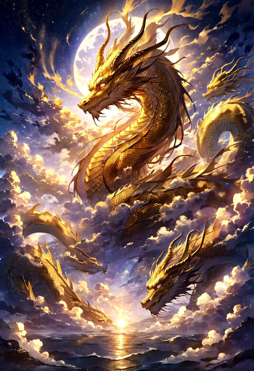 great dragon god, gentle gaze, fantastic background, moonlight background, sea of clouds background, golden splashes, mysterious, divine light, mythical creature, traditional Chinese dragon, myth, speckled light, hazy haze, mysterious aura, masterpiece, fantastic, elegant dragon, good fortune, fantasy art