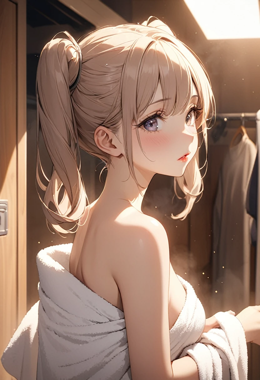 1girl, extremely cute girl, soft and fluffy twin tails, after bath, changing room, steam, wrapped in thin towel, middle breasts, bare shoulder, shy, beautiful detailed eyes, beautiful detailed lips, extremely detailed face, long eyelashes, delicate facial features, serene expression, soft lighting, warm color tones, photographic, 16k, high resolution, detailed description, cinematic, masterpiece