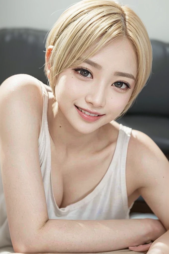 Genuine, masterpiece, Highest quality, Photo of a woman smiling happily, Beautiful and detailed, Long, narrow eyes, Iris, Thin eyebrows, Delicate eyelashes, Long eyelashes, False eyelashes, (Hidden eyelid wrinkles:1.3), (Blonde, short hair, middle part:1.3), Small teeth visible, See-through T-shirt
