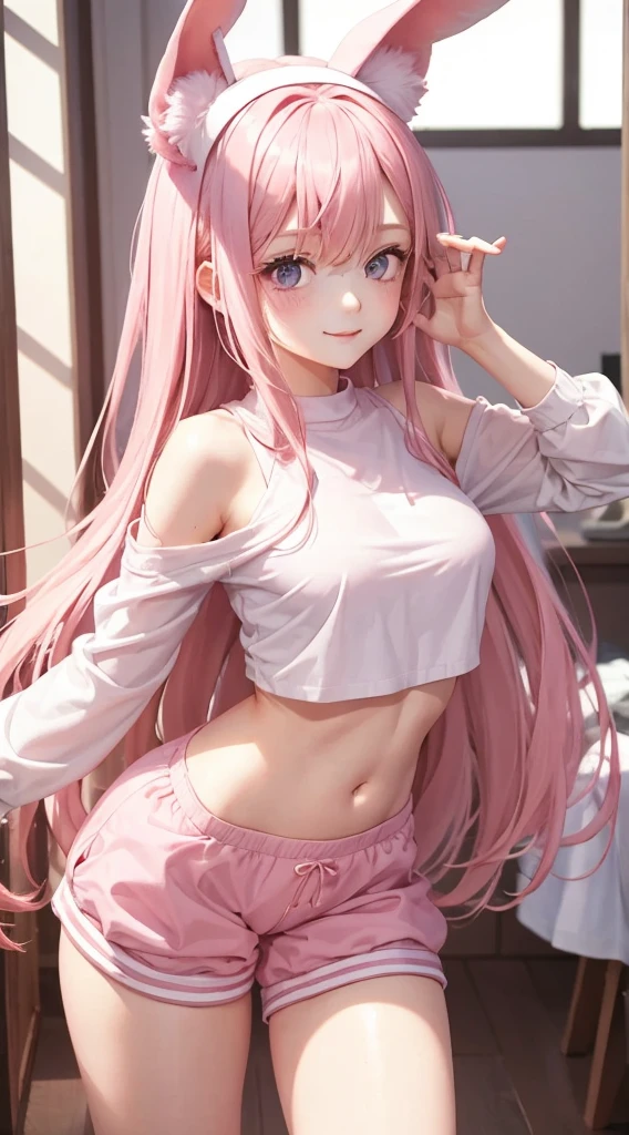 1 girl, baggy clothes, home, long pink hair, pink colour eyes, smiling, excited, beautiful, pale skin, perfect body figure, A cup size breast 1:3, cute, slim waist, bunny ears