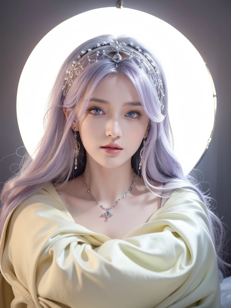 (masterpiece, top quality, best quality, official art, beautiful and aesthetic:1.2), (1girl:1.3), wavy long hair, light purple hair, extremely detailed, portrait, looking at viewer, solo, (full body:0.6), detailed background, close up, blue eyes, (cold arctic winter theme:1.1), fortune teller, charlatan, smirk, mysterious, sitting at table, colorful shoulderless loose gypsy fortune teller clothes, chalice, tarot cards, crystal ball, medieval (tent interior:1.1) background, tent curtains in background, dark mysterious lighting, shadows, magical atmosphere, starry night,, dutch angle