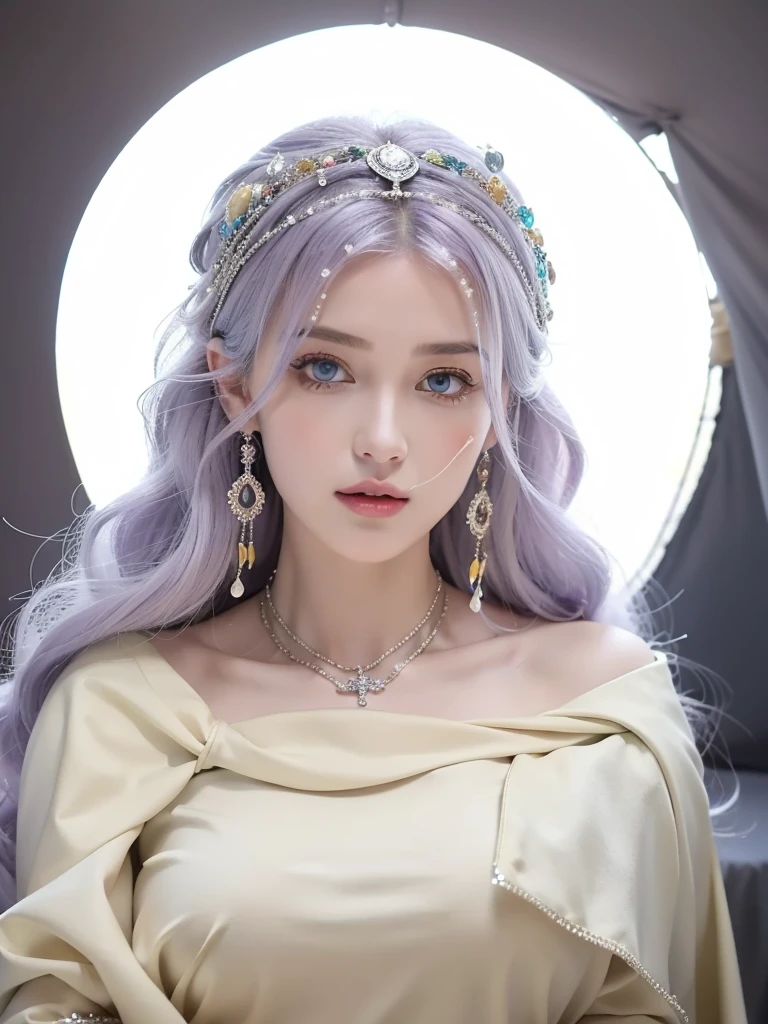 (masterpiece, top quality, best quality, official art, beautiful and aesthetic:1.2), (1girl:1.3), wavy long hair, light purple hair, extremely detailed, portrait, looking at viewer, solo, (full body:0.6), detailed background, close up, blue eyes, (cold arctic winter theme:1.1), fortune teller, charlatan, smirk, mysterious, sitting at table, colorful shoulderless loose gypsy fortune teller clothes, chalice, tarot cards, crystal ball, medieval (tent interior:1.1) background, tent curtains in background, dark mysterious lighting, shadows, magical atmosphere, starry night,, dutch angle