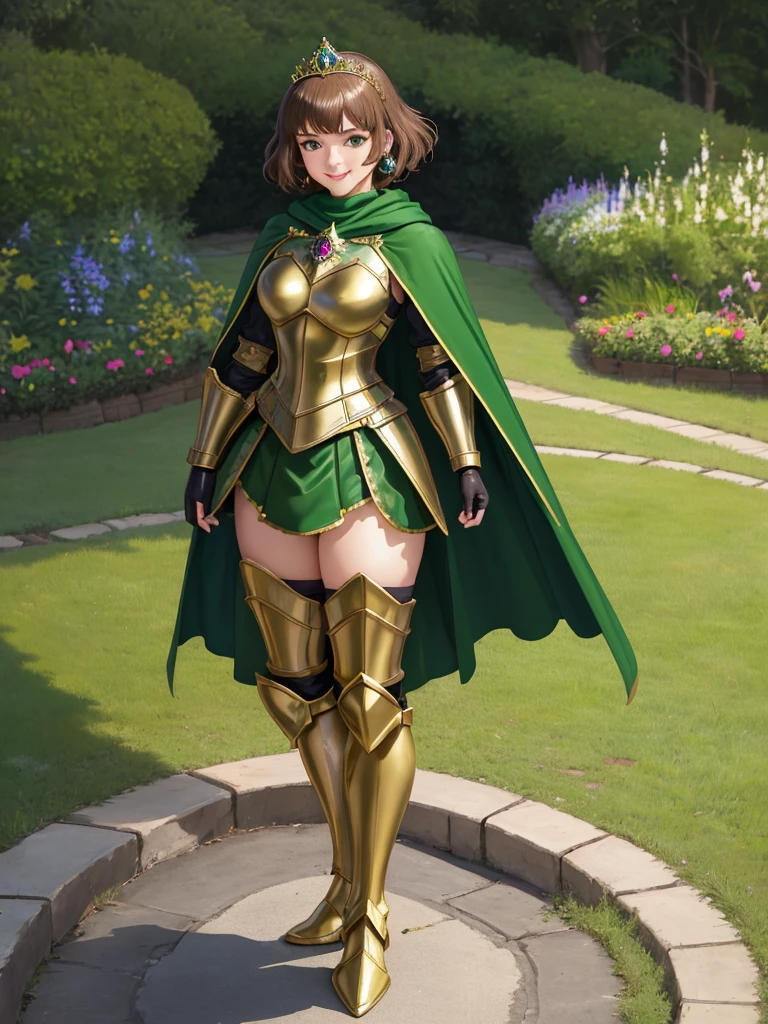 masterpiece, best quality:1.2), 1girl, smile, looking at viewer, green eyes, short brown hair, princess, armor, , pauldrons, armored dress, green cloak cape, wearing puffy blue ballgown skirt, golden tiara with green gem, armored boots, fingerless gloves, standing in medieval garden