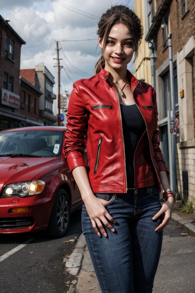 1girl, (realistic),(hyperrealism),(best quality),(masterpiece),(ultra high res),(photorealistic),idol,eye makeup,detailed eyes,detailed face,black dress, claireredfield2, brown hair, (red jacket:1.2), ponytail, (denim pants:1.3),, red wristband,, abandoned street, burning cars in background, littered street, smoke, chaos, zombie apocalypse, daytime, sunny,, hands in pocket, looking at viewer, smiling, closeup shot