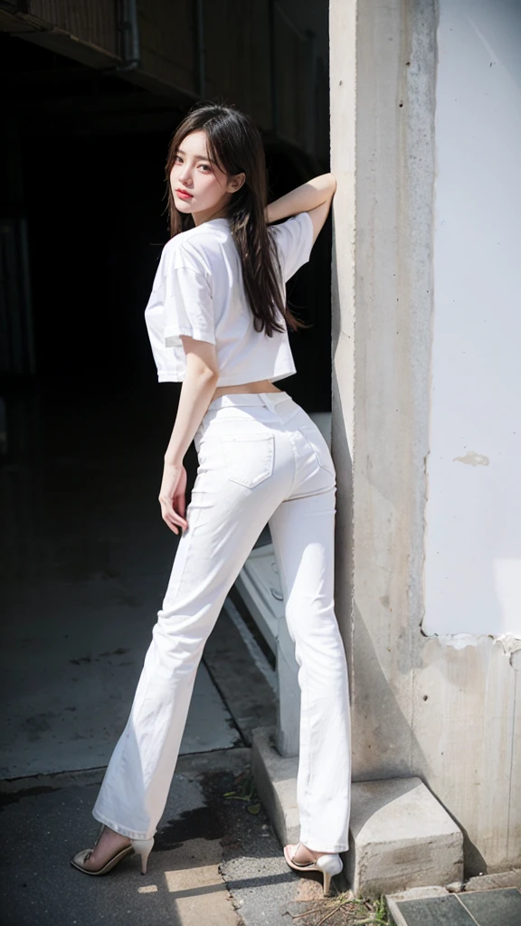 resident Evil, Beautiful Korean beauty, Detailed reproduction、Delicate face、The most beautiful beauty、Standing with legs spread、、Skinny white jeans taddy white pants、Trucker Denim Jacket、Holding a pistol、Lively shootings、White T-shirt stained with sweat and dirt、Tight shirt、In the dark ruins, Being watched by someone、alarm、shooting、Cool rear view、Turn around、get shooting and fall down、pain、die