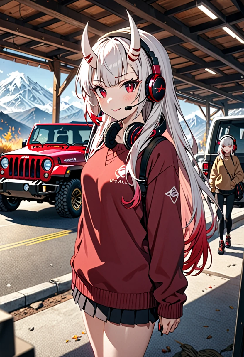 8K Ultra High-Quality, ultra-detailed, High quality, Nakiri Ayame, white oni horns, headset, sweater, jeep in the background