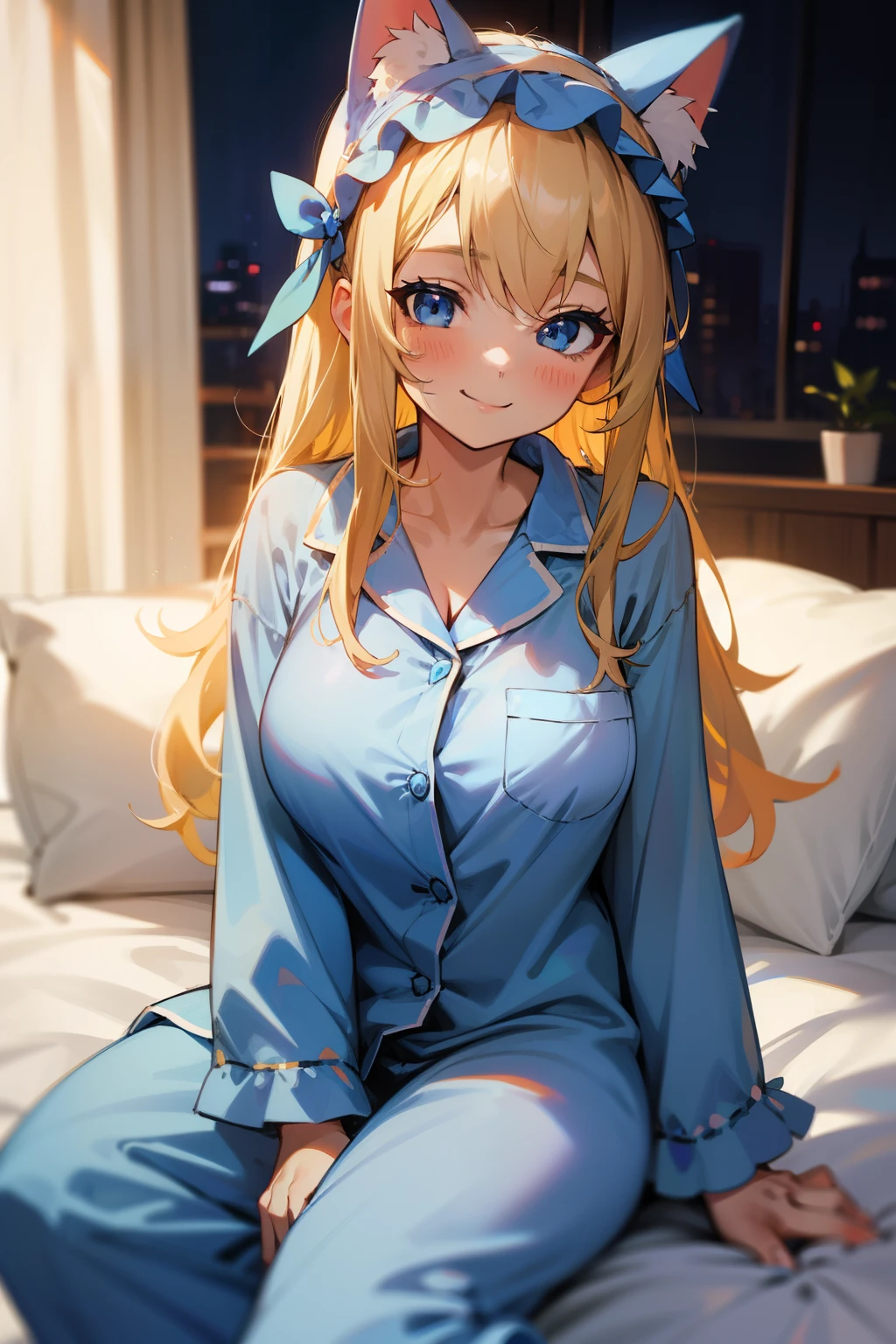 Cute girl, light blonde hair, blue eyes, smile, blue cat costume pajamas, headdress, big breasts, pajamas, nightwear