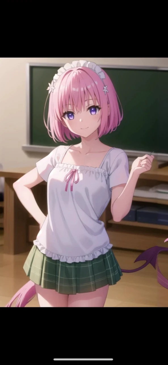 ((masterpiece, Highest)), (One girl), momodevilluke, Light pink hair, A seduction with exposed breasts, sprawled out, (office lady), bangs, Big Breasts, (full), slim, smile, [Wide Hips], office, Are standing, got it  (Blue File), 8K quality, Sexy seduction, (Maid clothes with open chest)、Leg spread
