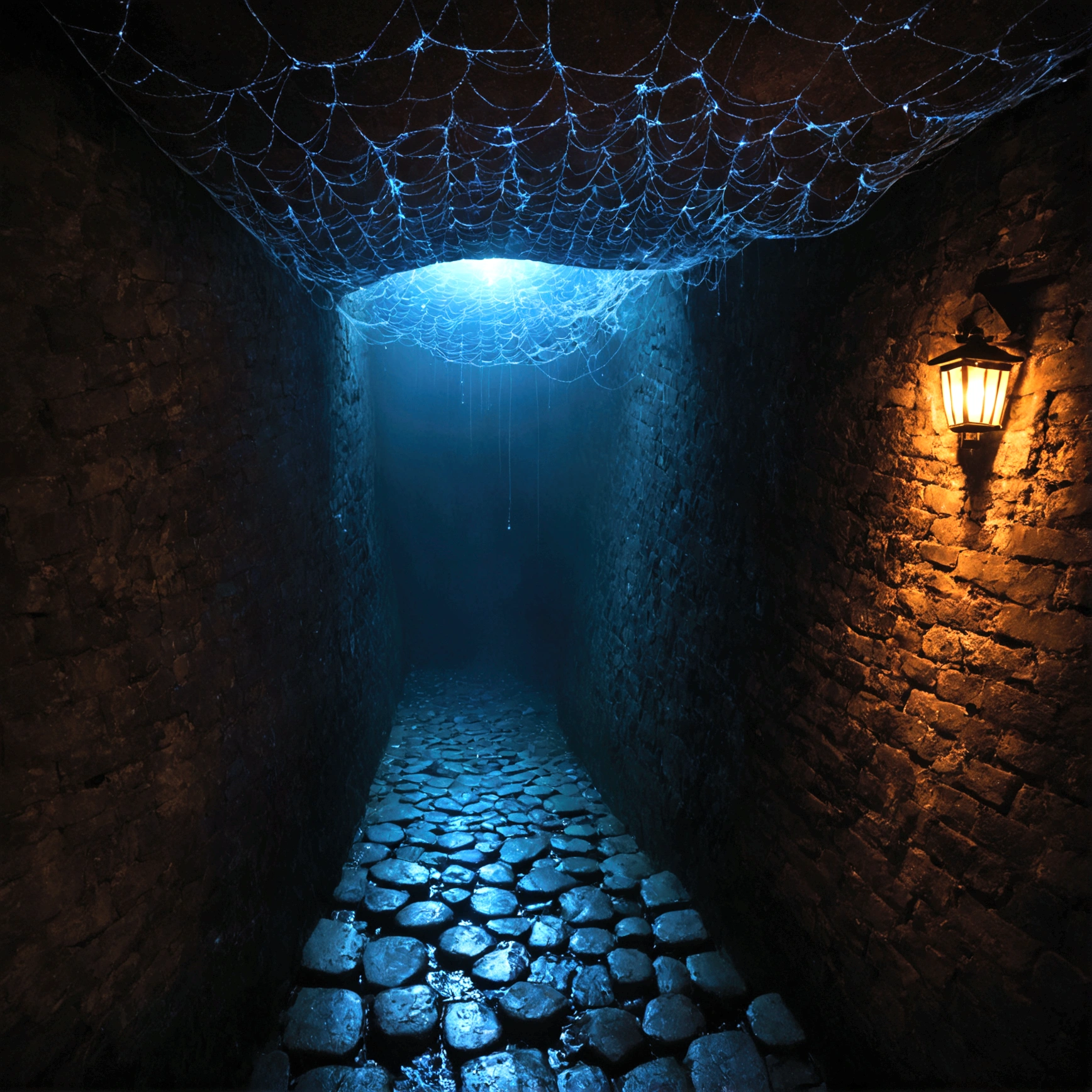 A cool breeze drifts through the air.、薄暗く静かなUnderground Passage。古びたBrick造りの壁には、From the ceiling、Water Dropがポツリ、The sound of something falling echoes.。At your feet、Cobblestonesの道が奥へと続き、Place々に割れたBrickや、Spider webs are spun all over the place。At the end of the road、darknessに包まれた空間が広がり、What on earth awaits?、不安とTensionが高まっていく…。Beautiful game world, Fantasy, Mario, Underground Passage, Brick, Shadow, Water Drop, Cobblestones, darkness, Tension
