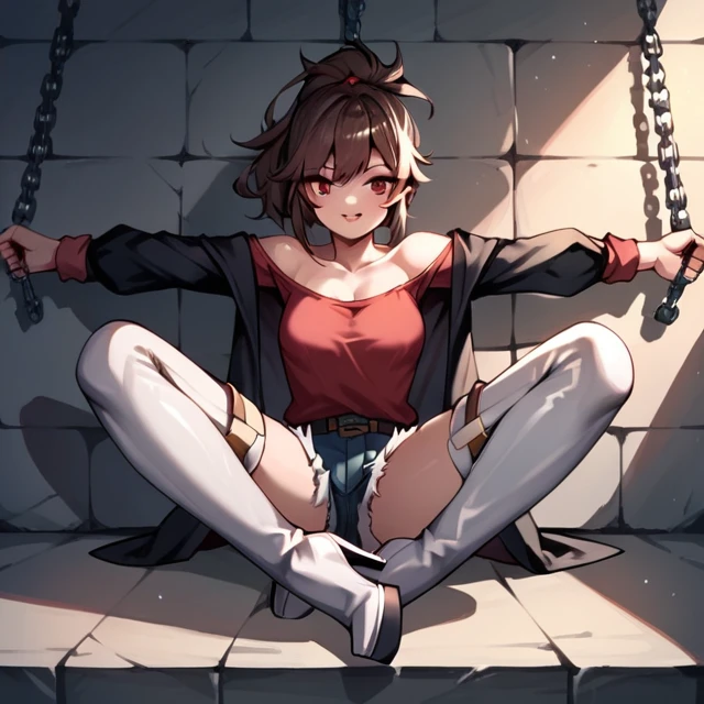score_9, score_8_up, score_7_up, score_6_up, score_5_up, score_4_up, source_anime, 1girl,sit,brown hair,ponytail,red eyes, w-w-chain, spread arms, messy hair,black jacket, red shirt,shorts,thigh high boots,high heels,white boots,dungeon, best quality, best res, 4K UHD,