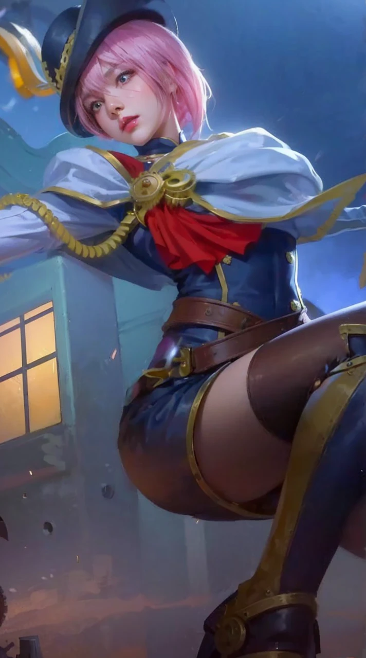 (UHD, retina, masterpiece, accurate, anatomically_correct, textured_skin, super_detail, high_details, high_quality, best_quality, high_res, 1080P, HD, 4K, 8k, 16k), (beautiful_detailed_eyes, beautiful_detailed_lips, extremely_detailed_eyes_and_face), soft_lighting, physically-based_rendering, vivid_colors, (large_breasts:1.5), (shiny_hair, shiny_skin, tanned_skin, blush), (bangs:1.5), eye_reflection, (bokeh), semi-profile_view, (steampunk, steam_power, retro-futurism, victorian_aesthetics, gear_and_clock_gears, bronze:1.5),