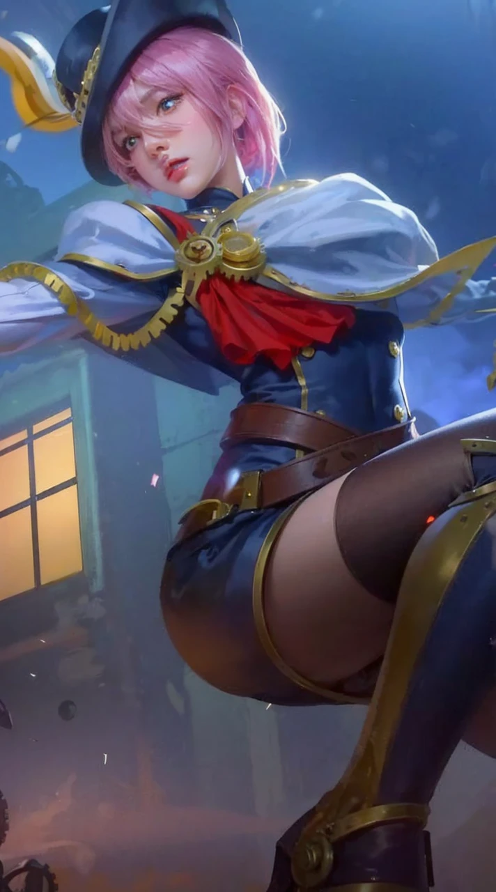 (UHD, retina, masterpiece, accurate, anatomically_correct, textured_skin, super_detail, high_details, high_quality, best_quality, high_res, 1080P, HD, 4K, 8k, 16k), (beautiful_detailed_eyes, beautiful_detailed_lips, extremely_detailed_eyes_and_face), soft_lighting, physically-based_rendering, vivid_colors, (large_breasts:1.5), (shiny_hair, shiny_skin, tanned_skin, blush), (bangs:1.5), eye_reflection, (bokeh), semi-profile_view, (steampunk, steam_power, retro-futurism, victorian_aesthetics, gear_and_clock_gears, bronze:1.5),