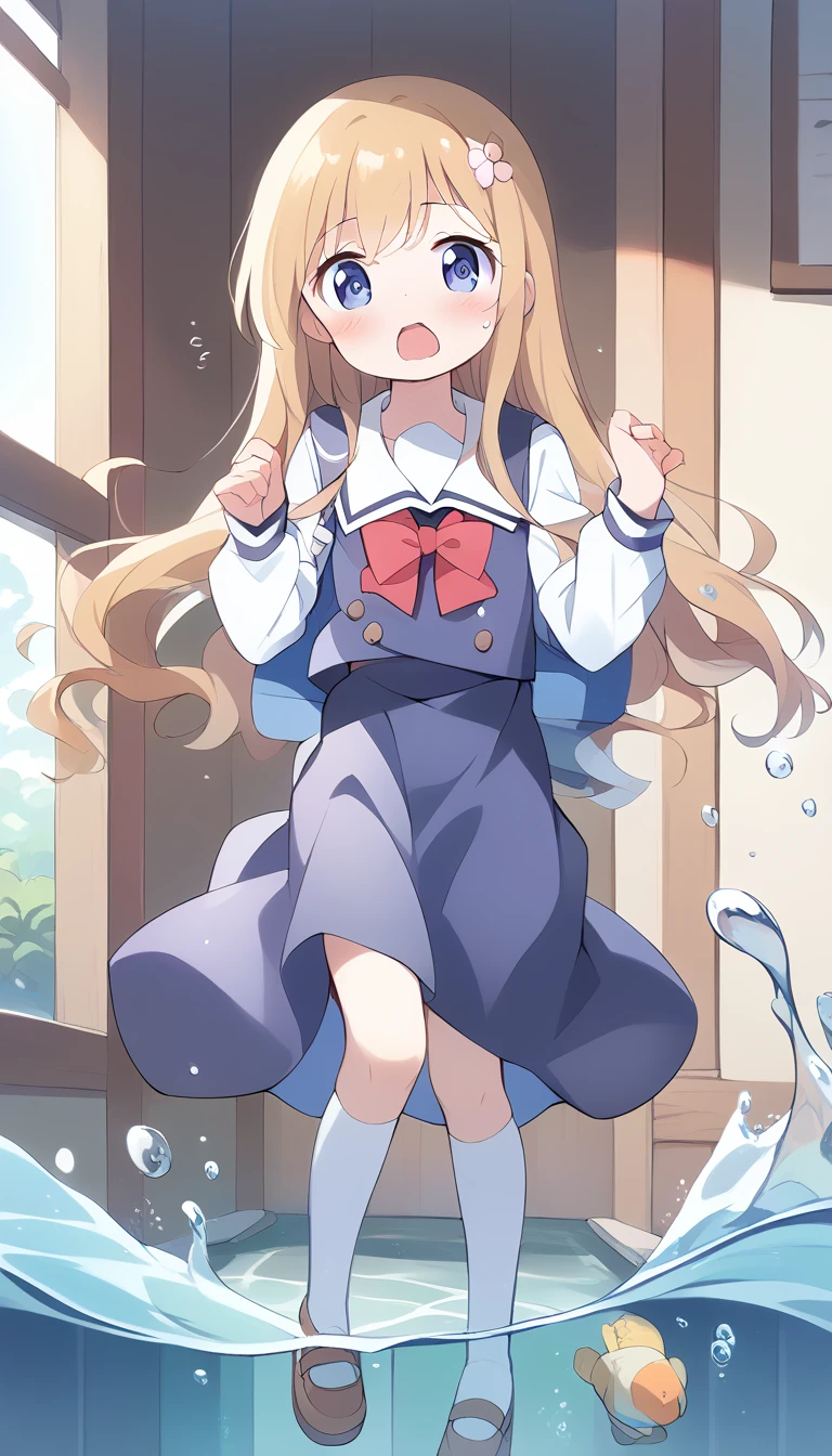 score_9, score_8_up, score_7_up, source_アニメ, masterpiece, 1girl, (work), blue dress, white sailor collar, red bowtie, white long sleeves, full body, looking at viewer, indoors, open mouth, White knee-highs、Water Play, Primary school students、Skirt fully open、Long wide skirt、cute、(White underwear)、blush、Watery eye、Lots of water、Wet、(The skirt spreads over the water surface.)、(Drowning)、Underwater Shot Of The Swimming pool