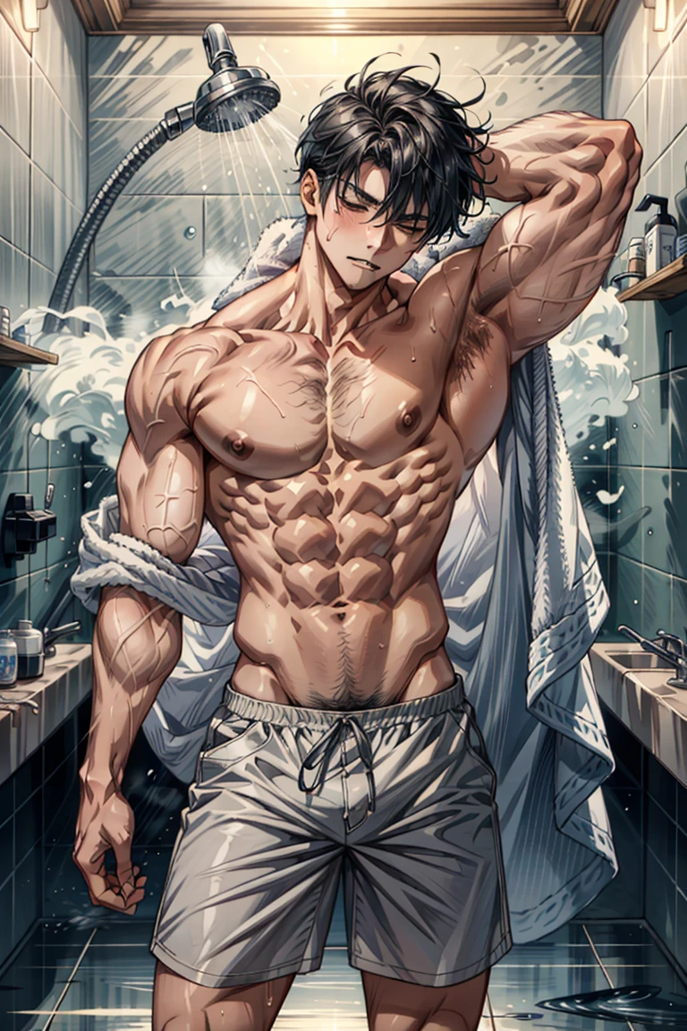 Steam swirls around strong limbs,Towel to cover private parts,Lift one leg,Hot water pours down the silver fur, Leaning on the tiles in the spacious shower. Close your eyes, As the water flows down the curve of the muscular throat,Tilt your head back to spray, The beads fell on the heaving chest,Rush drooping. His body arched,Give up, When water vibrates on sensitive skin,A faint growl came from behind the bared fangs... A relaxing masterpiece, Dramatic Lighting, Soft Light, Sky, Very detailed,Towel covering crotch,Strongest,Strongest,Strongest,Strongest,Strongest,Strongest,Strongest,Strongest,Strongest,Strongest,Strongest,Strongest,Strongest,Strongest,Strongest,Strongest,Strongest,Strongest,Strongest,Strongest,Strongest,Wearing shorts