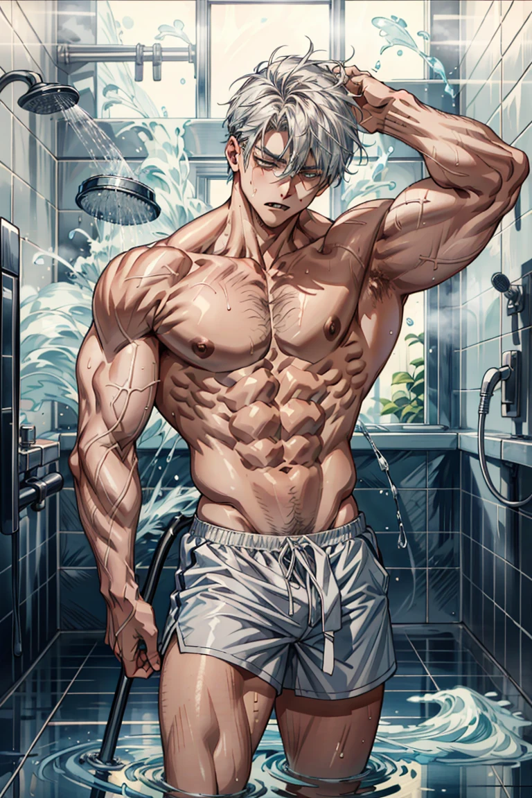 Steam swirls around strong limbs，Towel to cover private parts，Lift one leg，Hot water pours down the silver fur, Leaning on the tiles in the spacious shower. Close your eyes, As the water flows down the curve of the muscular throat，Tilt your head back to spray, The beads fell on the heaving chest，Rush drooping. His body arched，Give up, When water vibrates on sensitive skin，A faint growl came from behind the bared fangs... A relaxing masterpiece, Dramatic Lighting, Soft Light, Sky, Very detailed，Towel covering crotch，Strongest，Strongest，Strongest，Strongest，Strongest，Strongest，Strongest，Strongest，Strongest，Strongest，Strongest，Strongest，Strongest，Strongest，Strongest，Strongest，Strongest，Strongest，Strongest，Strongest，Strongest，Wearing shorts