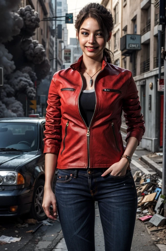 1girl, (realistic),(hyperrealism),(best quality),(masterpiece),(ultra high res),(photorealistic),idol,eye makeup,detailed eyes,detailed face,black dress, claireredfield2, brown hair, (red jacket:1.2), ponytail, (denim pants:1.3),, red wristband,, abandoned street, burning cars in background, littered street, smoke, chaos, zombie apocalypse, daytime, sunny,, hands in pocket, looking at viewer, smiling, closeup shot