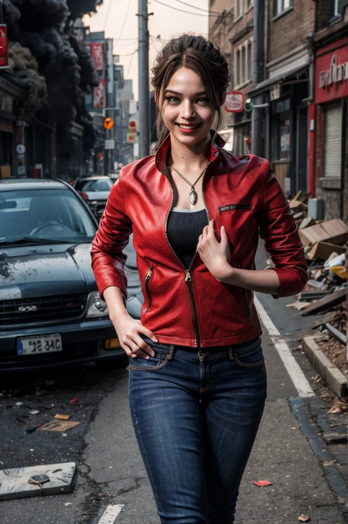 1girl, (realistic),(hyperrealism),(best quality),(masterpiece),(ultra high res),(photorealistic),idol,eye makeup,detailed eyes,detailed face,black dress, claireredfield2, brown hair, (red jacket:1.2), ponytail, (denim pants:1.3),,  red wristband,,  abandoned street, burning cars in background, littered street, smoke, chaos, zombie apocalypse, daytime, sunny,,  hands in pocket, looking at viewer, smiling, closeup shot