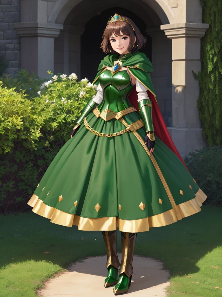 masterpiece, best quality:1.2), 1girl, smile, looking at viewer, green eyes, short brown hair, princess, armor, , pauldrons, armored dress, green cloak cape, wearing puffy blue ballgown skirt, golden tiara with green gem, armored boots, fingerless gloves, standing in medieval garden