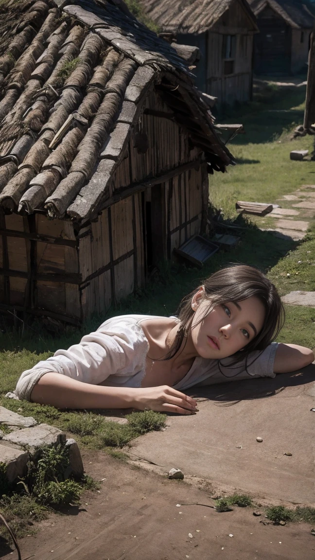 4K/ realistic picture/ Devastated village: A village ravaged by the Black Death, with people lying on the ground.