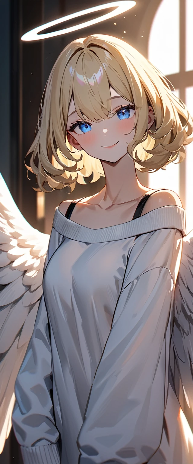 ((angel, big big white wings:1.3, halo:1.3)), (((upper body))), ((flying)), archangel Uriel, ((wavy hair, outward curled hair)), evening, Sunset, ((blond hair, bob cut:1.3)), breasts, ager, (looking at viewer), oversized clothes, puffy long sleeves, collarbone, ((off-shoulder sweater dress:1.3, Quite thick shoulder straps)), (((sleeves past wrists:1.3))), ((white sweater)), ((aran sweater)), collarbone, head tilt:1.3, (((blue eyes))), ((happy smile)), (((anime style))), (best quality, 4K, 8K, highres, masterpiece:1.2, ultra-detailed, ultra-detailed eyes, HDR, uhd, studio lighting, ultra-fine painting, sharp focus, physically-based rendering, extreme detail description, professional, vivid colors, bokeh), ((Highest quality, Best image quality, Ultra-high resolution, Ultra-high resolution, solo, Strong eye highlights)), Depth of written boundary, Natural soft light, attractive, Beautiful Face, Cleanliness, Pure Face, medium chest, Beautiful Face, Perfect Fingers, Perfect hands, Perfect body, Perfect Face, Shine a light into your eyes, Perfect Anatomy