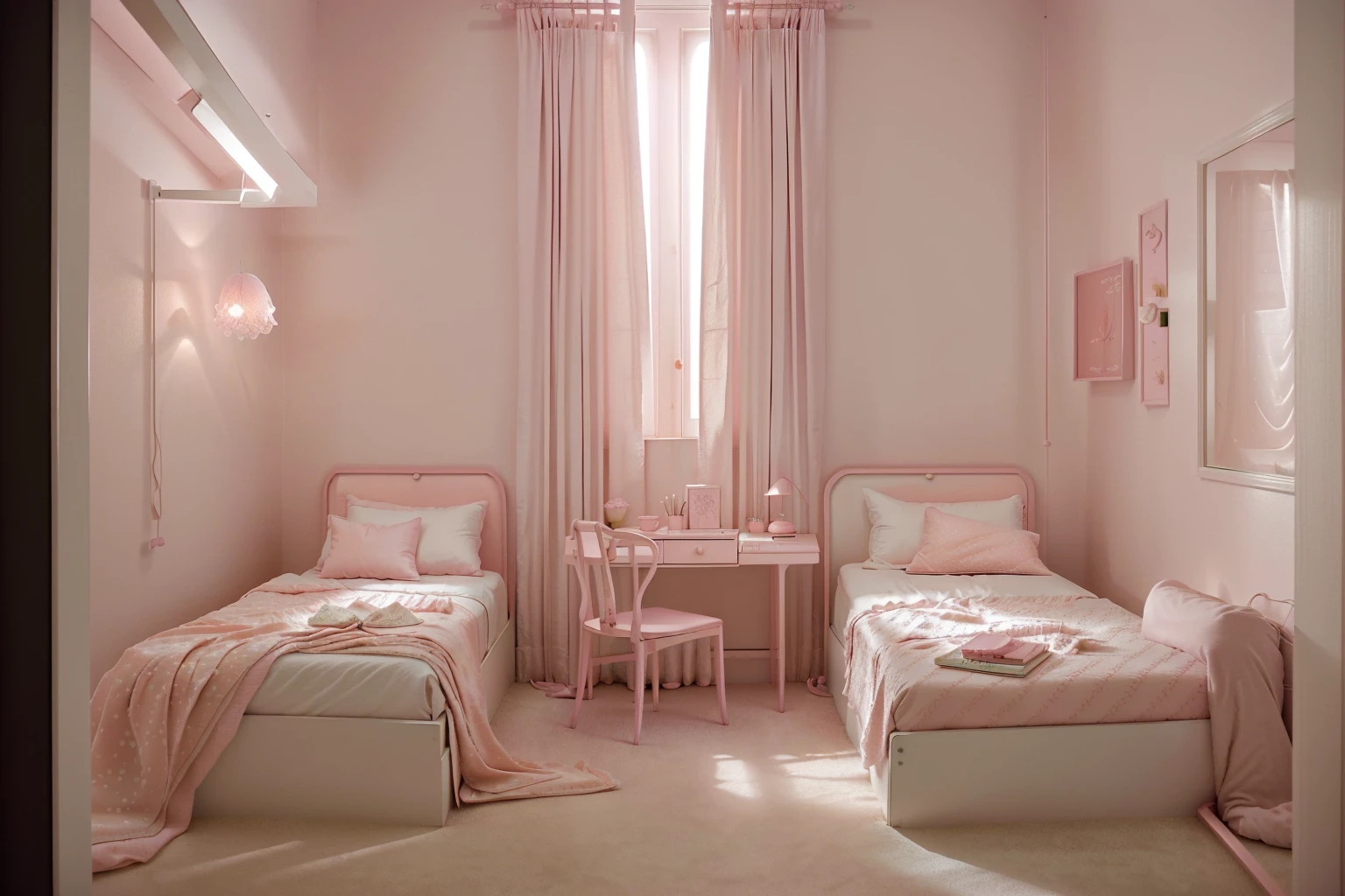 there are two beds in a small room with a desk and a chair, with soft pink colors, in pastel colors, romantic ambiente, light pink tonalities, duo tone, brown and pink color scheme, brightly lit pink room, setteidreams colour design, in white lettering, dreamy atmosphere, cute room, serene and peaceful style, ethereal and dreamy theme