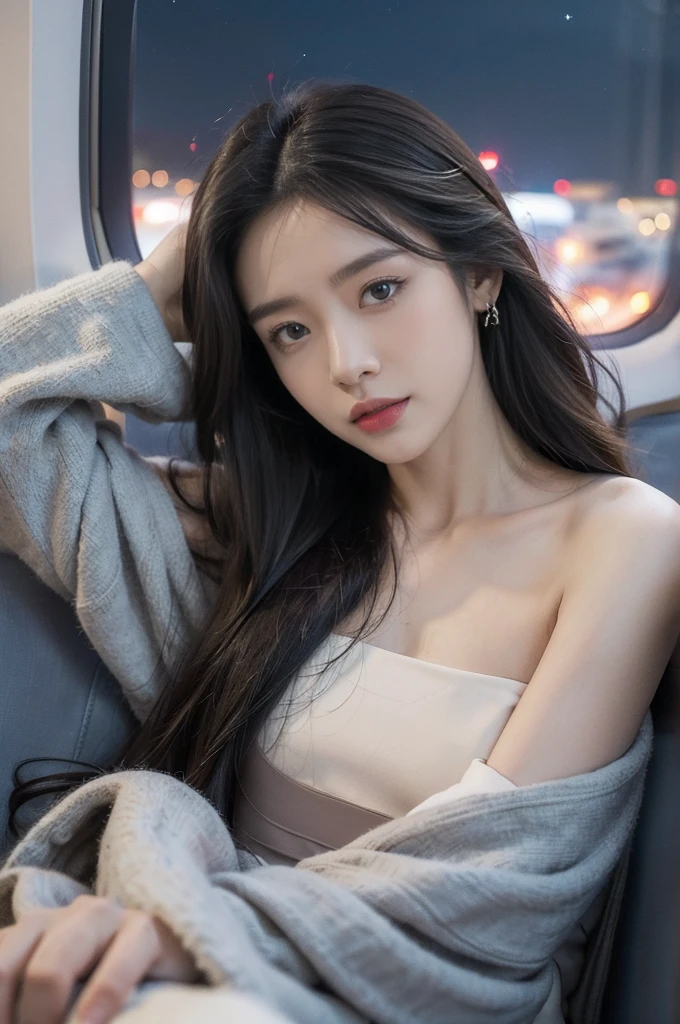 (((best quality))),(((ultra detailed))),(((masterpiece))),illustration,(a beautiful girl,female passenger,solo),((slim,thin,small breasts,flat chest)),summer night,((in airplane,economy class,indoor)),(blanket over shoulders:1.3),((dress)),(shoulder length straight hair:1.2),stars,moonlight,smooth flight,engine sound,lullaby,relaxed,excited,happy,visiting family,comfortable seats,soft fabric,headrests,adjustable,beauty of night sky,thinking about family,friends,dimmed lights,sleeping passengers,movies,personal screens,staying awake,magic of sky,joy of being with family,memorable journey,adventures,(surrounded by crowded crowds:1.3),(Outside the window is high-altitude night view:1.2),((from front,upper body))