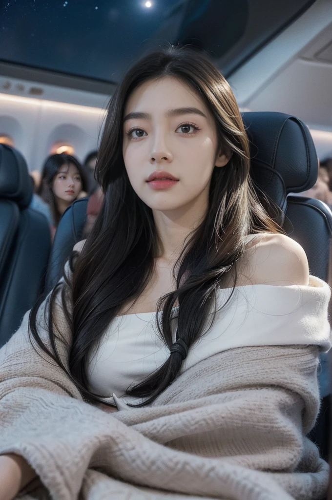 (((best quality))),(((ultra detailed))),(((masterpiece))),illustration,(a beautiful girl,female passenger,solo),((slim,thin,small breasts,flat chest)),summer night,((in airplane,economy class,indoor)),(blanket over shoulders:1.3),((dress)),(shoulder length straight hair:1.2),stars,moonlight,smooth flight,engine sound,lullaby,relaxed,excited,happy,visiting family,comfortable seats,soft fabric,headrests,adjustable,beauty of night sky,thinking about family,friends,dimmed lights,sleeping passengers,movies,personal screens,staying awake,magic of sky,joy of being with family,memorable journey,adventures,(surrounded by crowded crowds:1.3),(Outside the window is high-altitude night view:1.2),((from front,upper body))