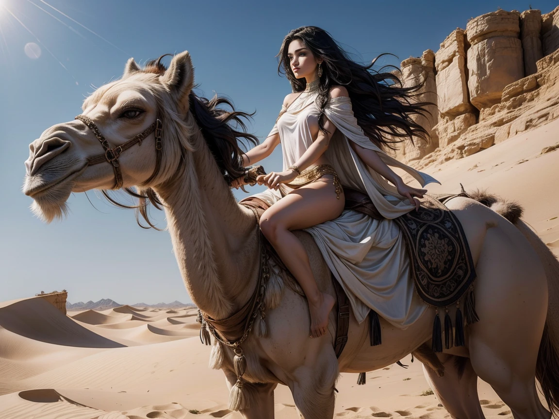 fantasy, beautiful girl, long wavy black hair, dressed in a short white tunic, naked, riding a camel, alone against the background of the desert