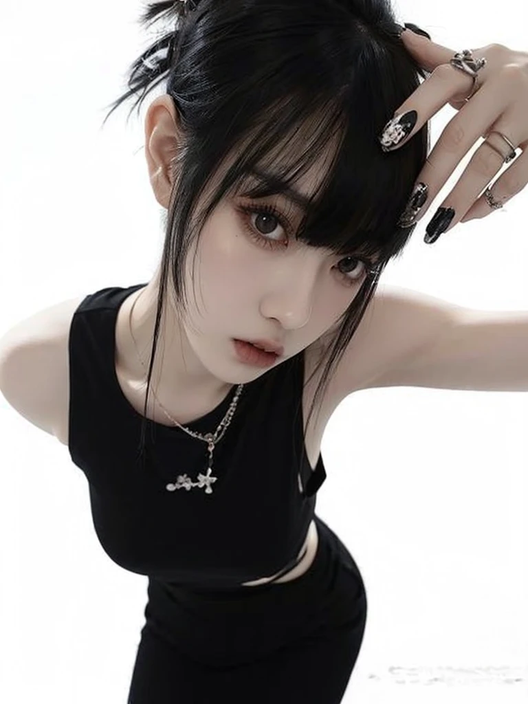 Korean girl with long black hair, straight and with bangs. Ulzzang girl with gothic style and soft face. He has black hair with bangs and pale skin.. She wears a black blouse. Gothic Korean Ulzzang.