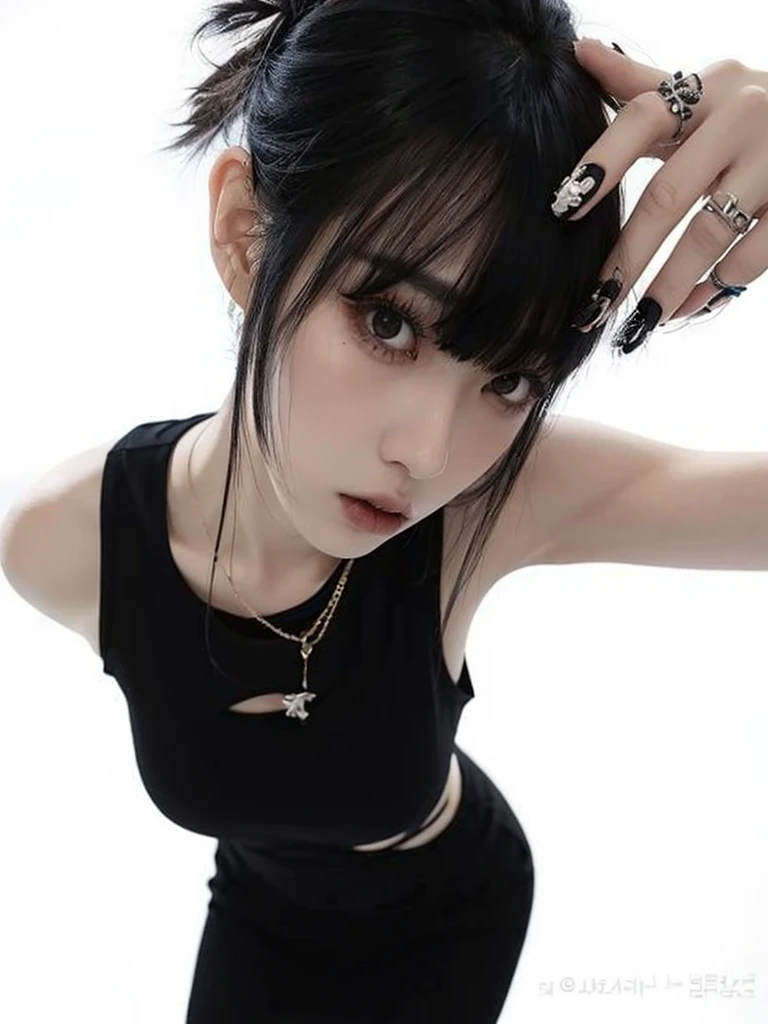 Korean girl with long black hair, straight and with bangs. Ulzzang girl with gothic style and soft face. He has black hair with bangs and pale skin.. She wears a black blouse. Gothic Korean Ulzzang.