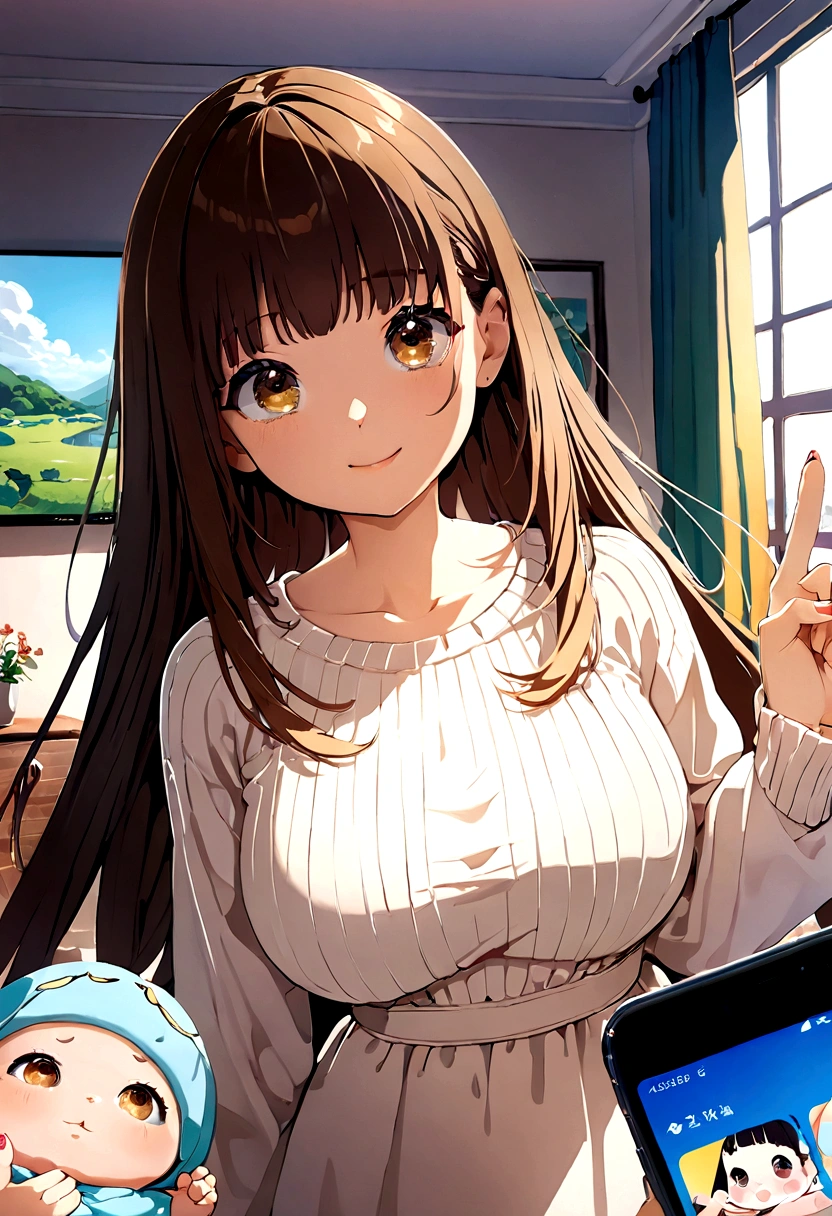 ((1girl)), super fine illustration, vibrant colors, absurdres extremely detailed CG, 8k wallpaper, (masterpiece:1.3), dynamic angle, dynamic pose,
best quality, depth of field, cinematic lighting, ultra detailed, brown long hair, very straight hair, large breast, white knit dress , 20yo, cute, very baby face, brown eyes, kawaii, smile, droopy eyes, arms at sides, smartphone, modern living room, peace fingers, The screen of the smartphone in his hand is facing towards me
