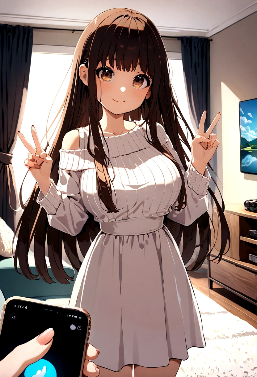 ((1girl)), super fine illustration, vibrant colors, absurdres extremely detailed CG, 8k wallpaper, (masterpiece:1.3), dynamic angle, dynamic pose,
best quality, depth of field, cinematic lighting, ultra detailed, brown long hair, very straight hair, large breast, white knit dress , 20yo, cute, very baby face, brown eyes, kawaii, smile, droopy eyes, arms at sides, smartphone, modern living room, peace fingers, The screen of the smartphone in his hand is facing towards me