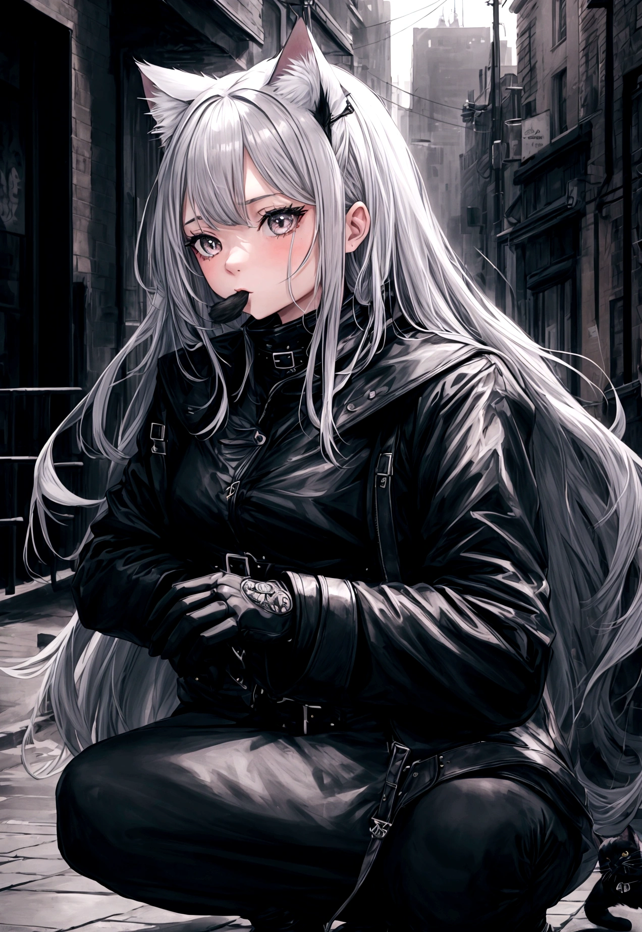 1 girl, cool, shy, long hair, gray hair, cat eat, black jacket, black gloves, city, town, squat, high quality, masterpiece