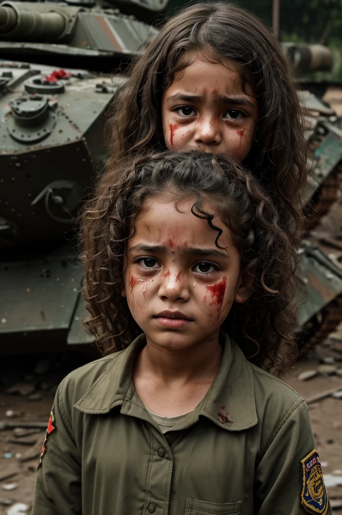 one girl kids,curly hair,wearing a torn and dirty convocation suit,at her Face and body covered in many gunshot wounds and bleeding."crying sad face,there a tank at background
