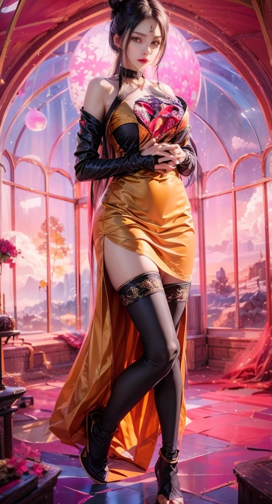 realistic, 1 women, best quality, 12k, HD, long hair, big round breasts, cleavage, ponytail, necklace, jewelry, shorts, short jacket, slim hips, hair tie, yellow eyes, black hair, super detailed, Eye details, hair details, person details, mouth details, face details, breast details, clothes details, hair details, pants details, hand details, whole body